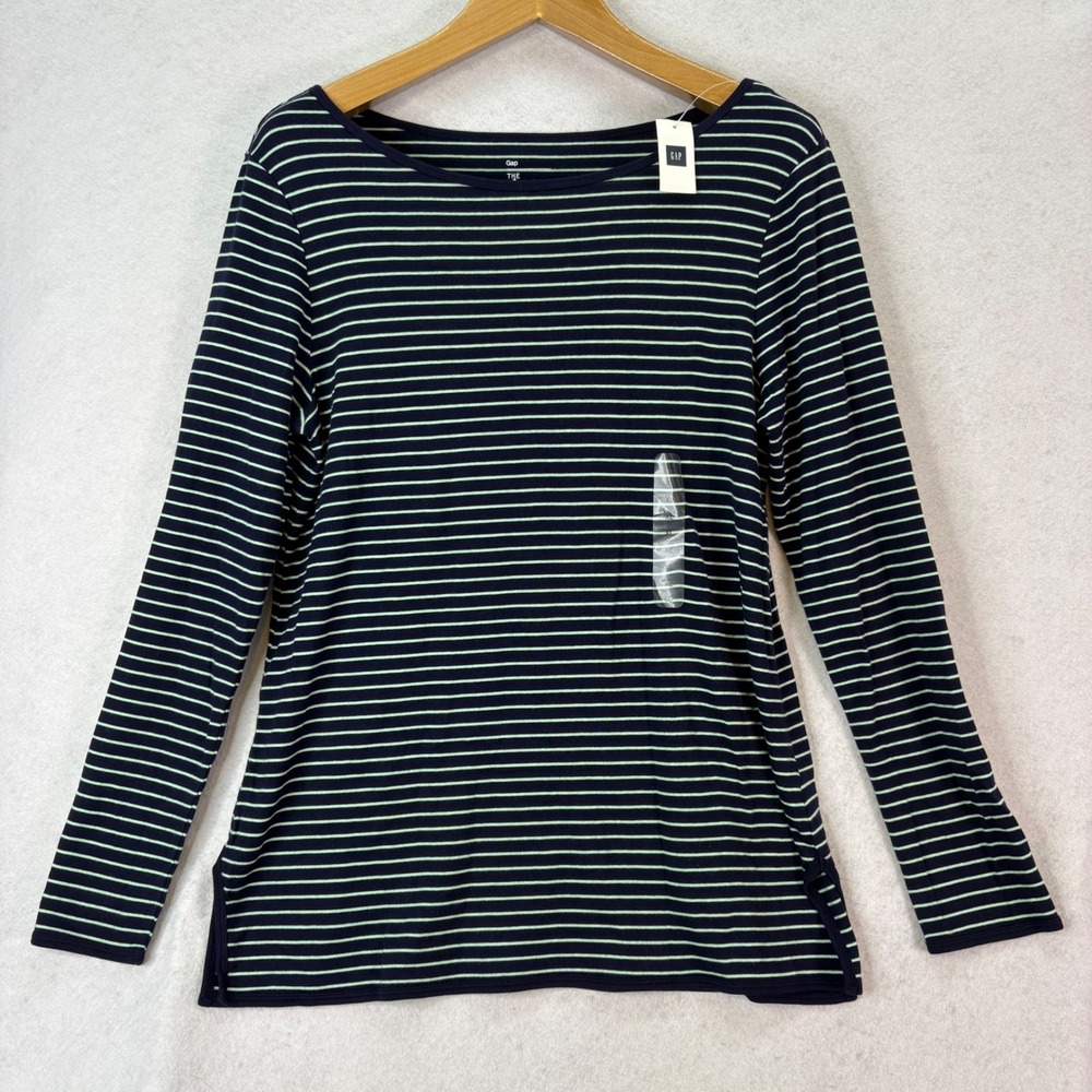 Gap Bowery Super Soft Striped Navy/Green Long Sleeve Tee Women XL Nautical Layer